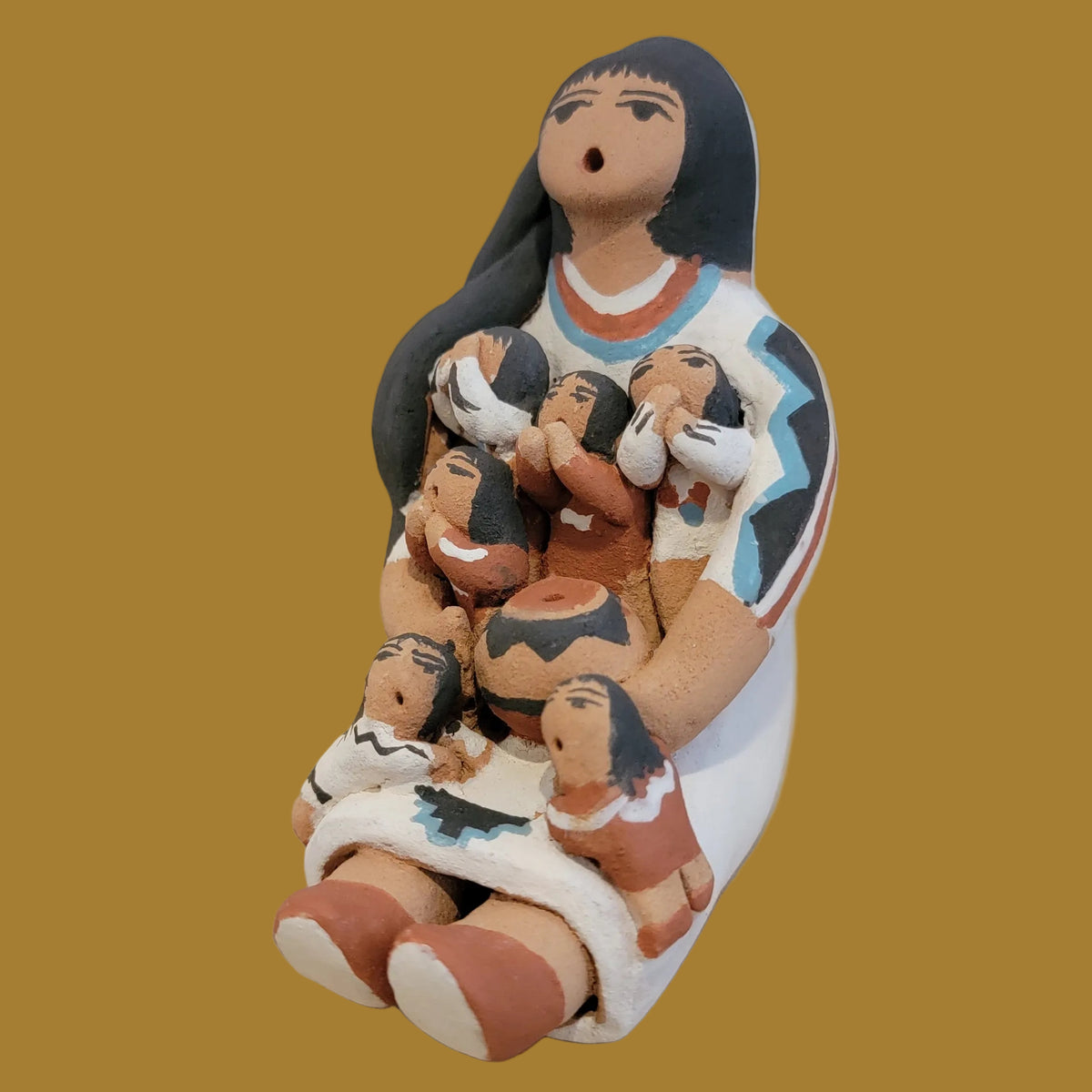 Jemez Pueblo Pretty Storyteller w/ Six Children and Pottery Bowl Pueblo Pottery