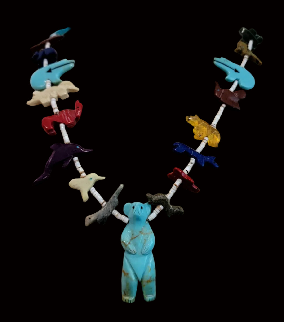 Old Pawn Zuni Fetish Necklace w/Large Standing Turquoise Center Bear Indian Jewelry