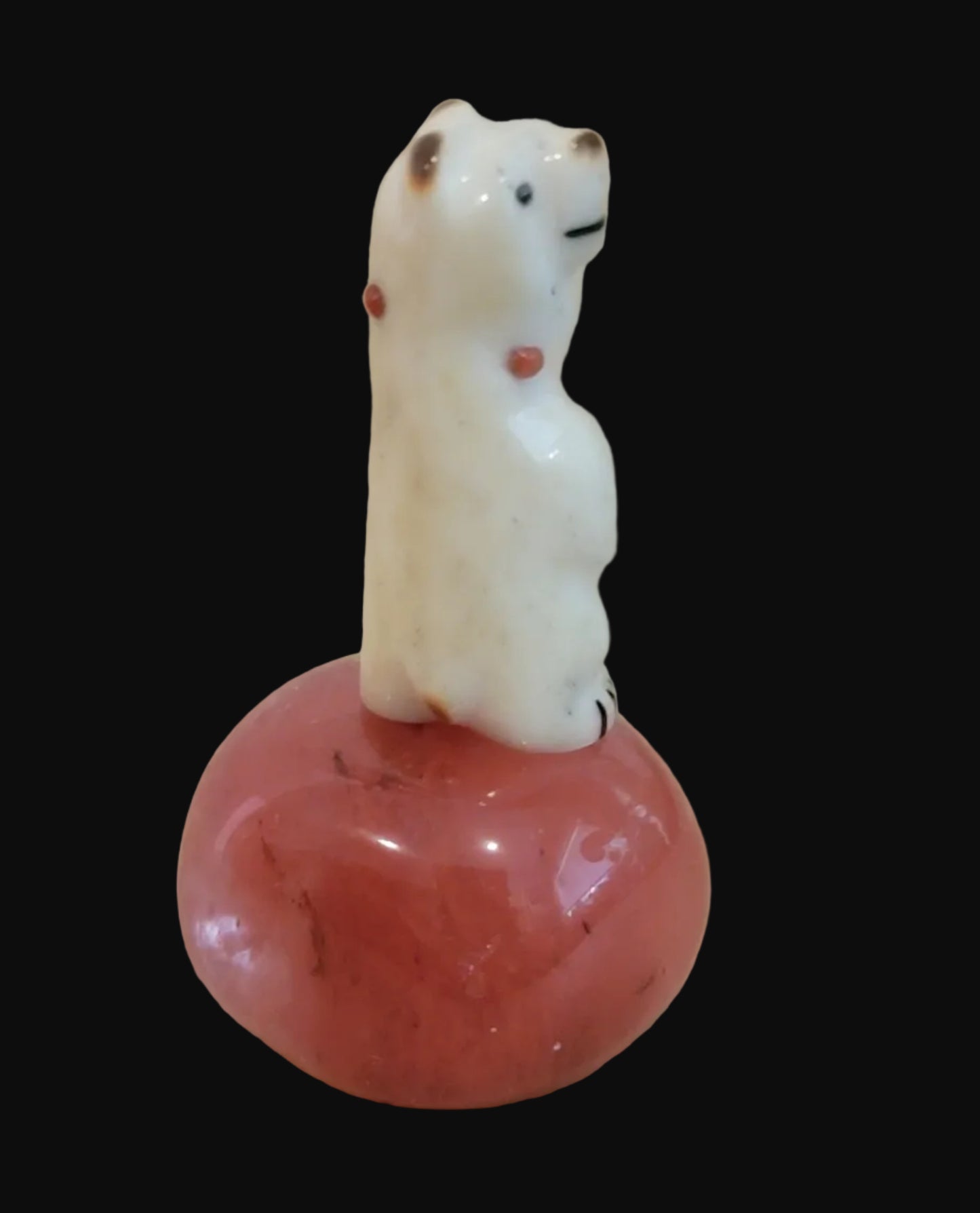 Miniature Adorned Antler Bear on Cherry Quartz Base Zuni Fetish