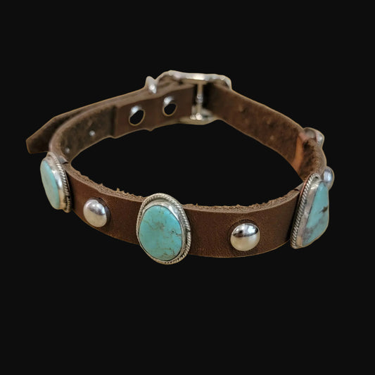 Pampered Pooch Navajo Turquoise W/ Sterling Silver Leather Dog Collar