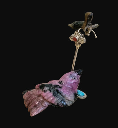 Beautiful Rhodonite Bird w/ Sterling and Turquoise Pond /Sterling w/ Coral Flower and Opal Honeycomb w/Bee Zuni Fetish