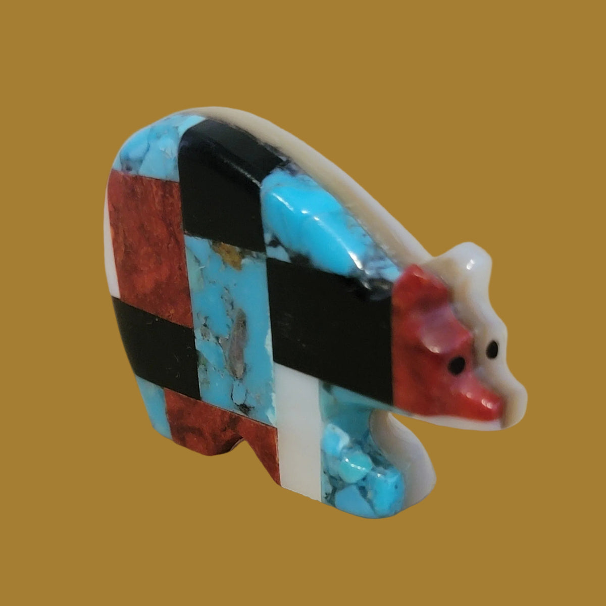 Mosaic Style Multi Stone and Shell Inlaid Zuni Fetish Bear