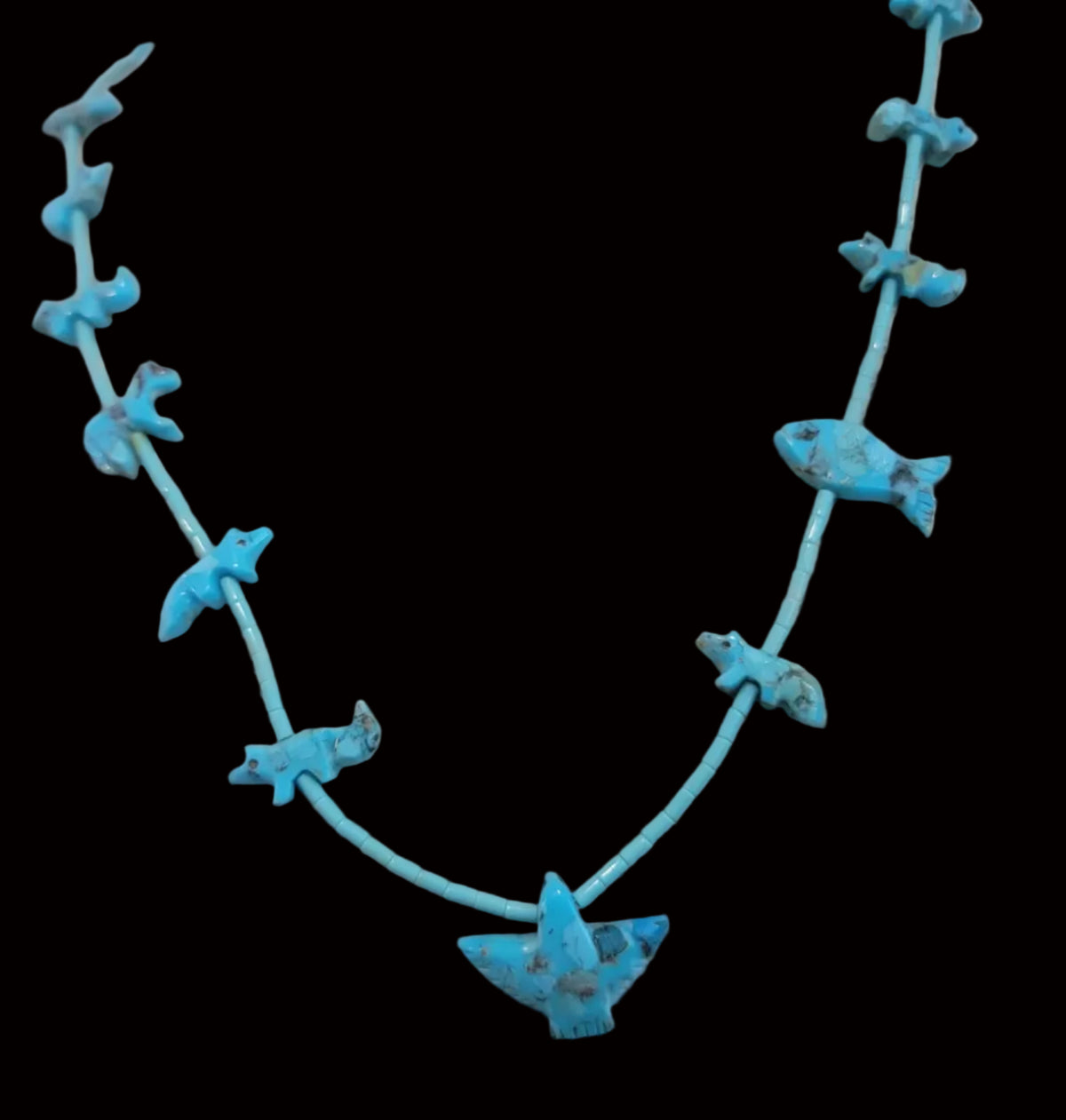 Fifteen Turquoise Cavings Navajo Zuni Fetish Necklace Indian Jewelry