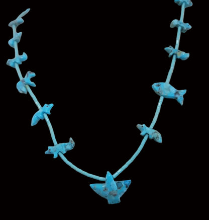 Fifteen Turquoise Cavings Navajo Zuni Fetish Necklace Indian Jewelry