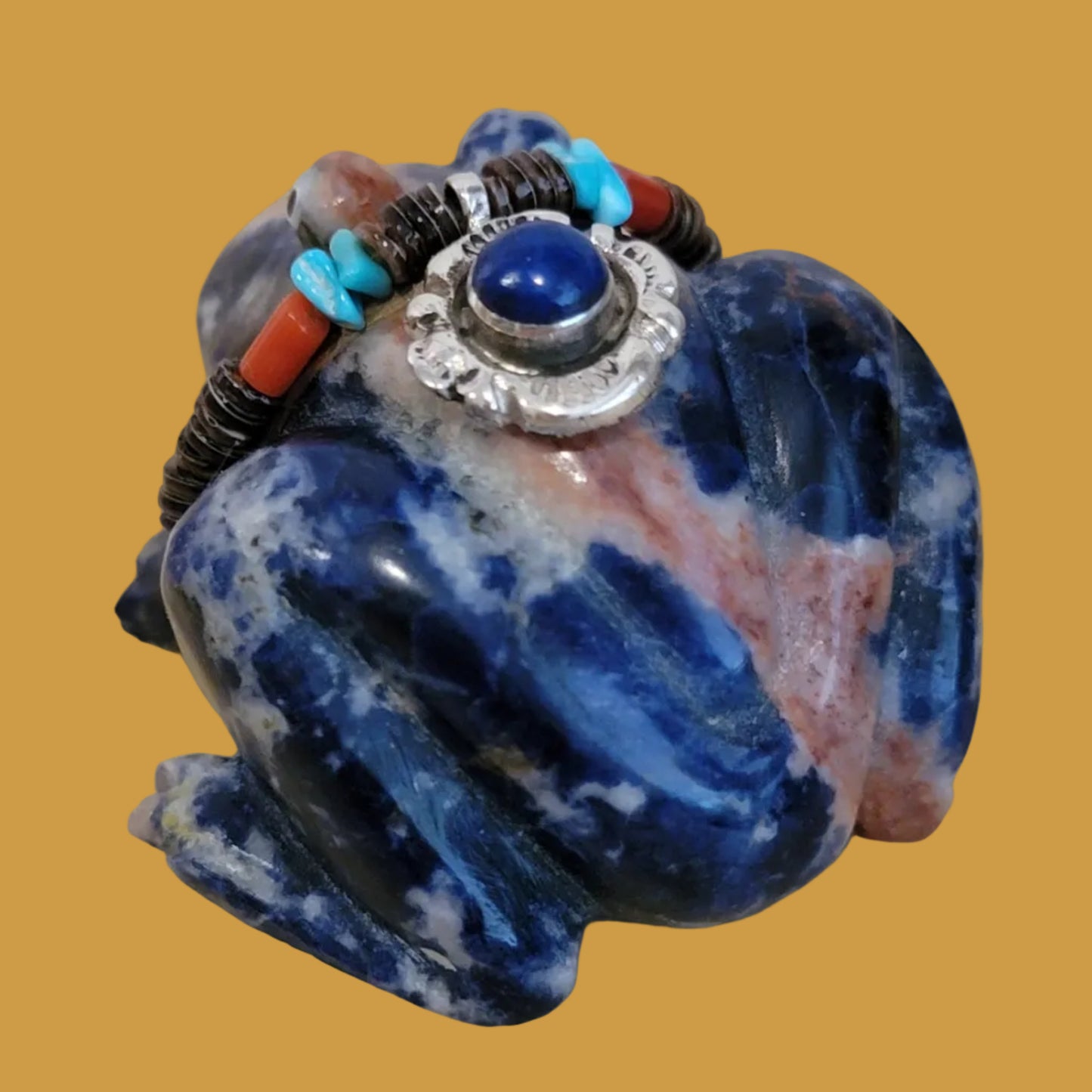 Sunset Sodalite Frog w/ Lapis and Sterling Necklace Bling Zuni Fetish