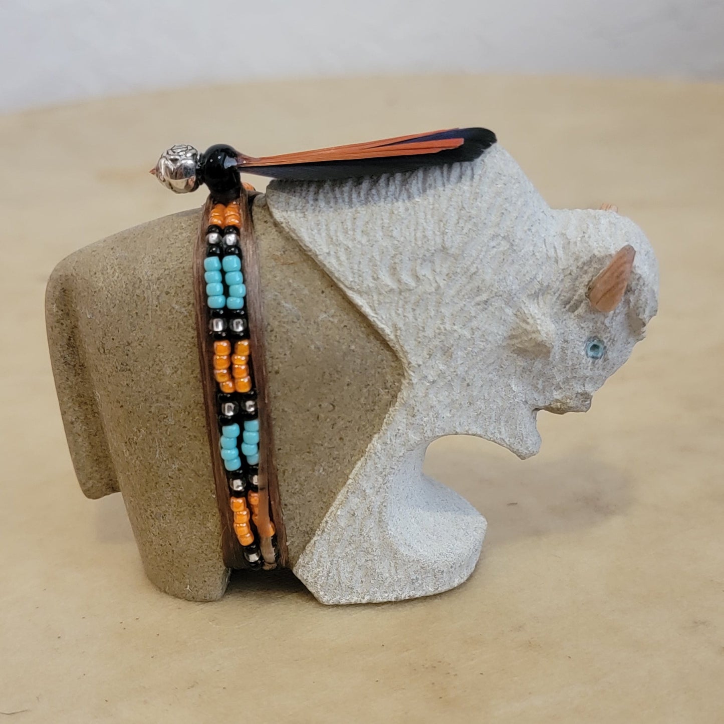 Navajo Alabaster Bison/Buffalo w/ Unique Bundle Zuni Fetish