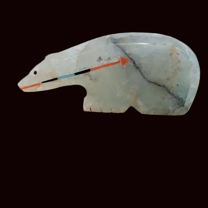 Fluorite Long Necked Bear w/Colorful Heartline Zuni Fetish