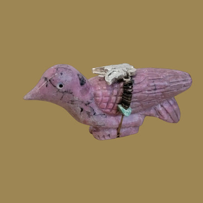 Beautiful Rhodonite Bird w/ Sterling Butterfly Zuni Fetish