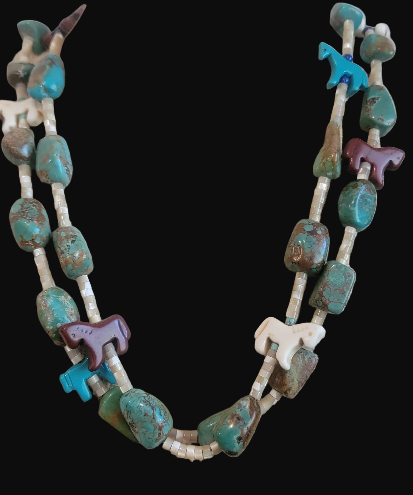 Old Pawn Double Strand Mother of Pearl Heishe w/Turquoise Stones, Carved Horses and Lapis Beads Indian Jewelry Necklace