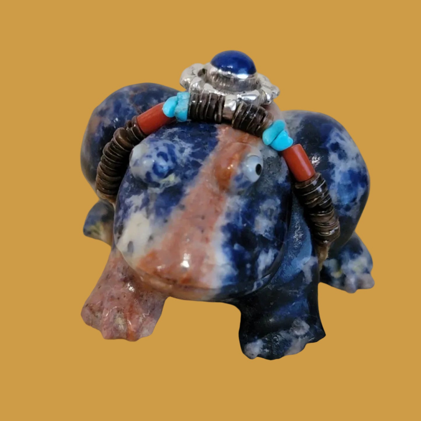 Sunset Sodalite Frog w/ Lapis and Sterling Necklace Bling Zuni Fetish