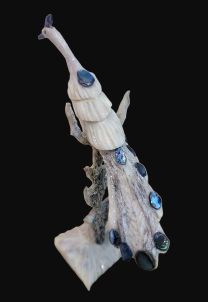 Antler w/ Abalone Shell Long Tailed Peacock  in  Tree Zuni Fetish