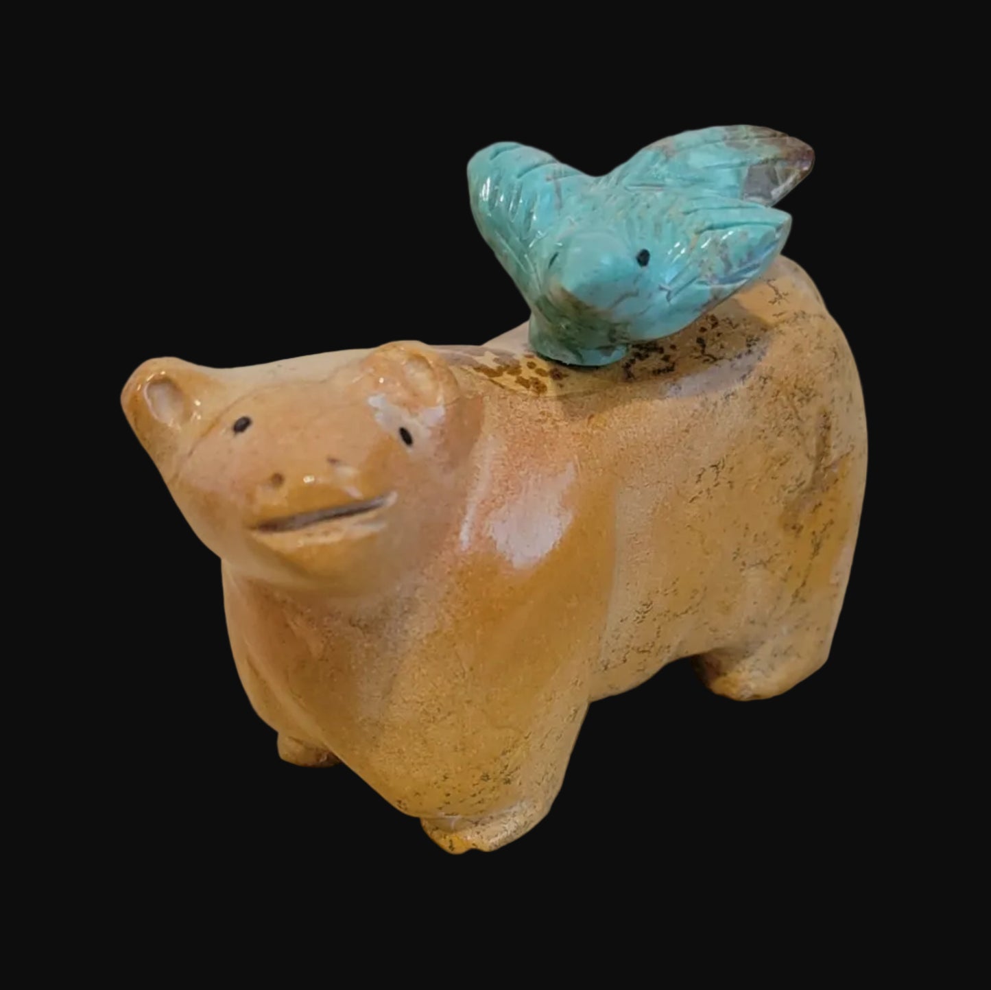 Travertine Bear w/ Hitchhiking Turquoise Bird Zuni Fetish