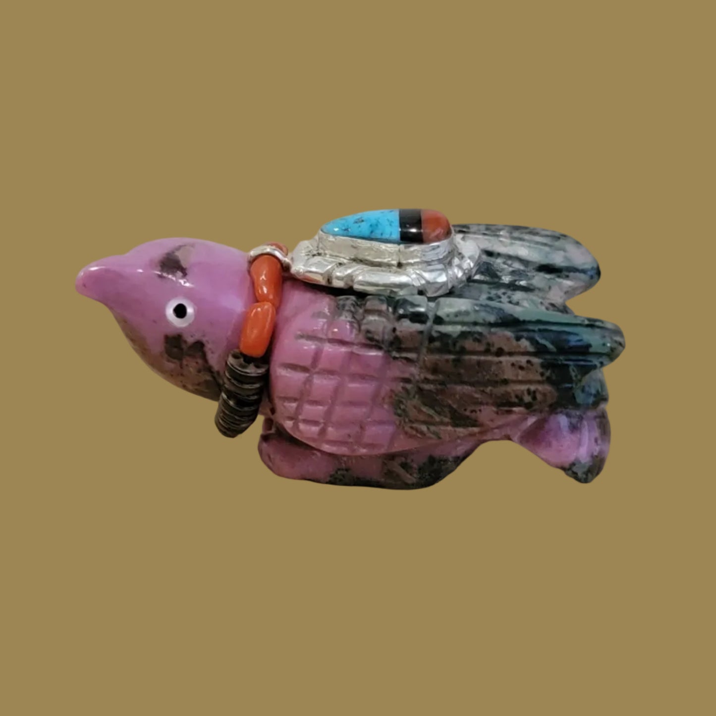 Rhodonite Messenger Bird w/ Sterling Silver peandant Zuni Fetish