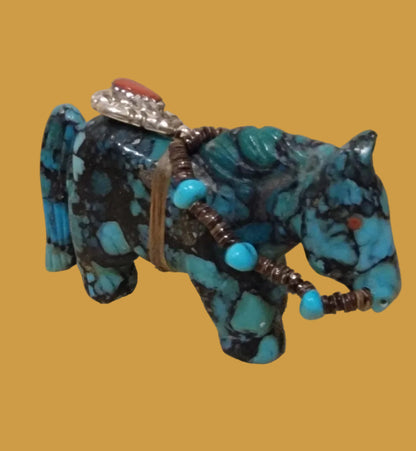 Turquoise Composite Horse with Fancy Bridle and Bling Zuni Fetish