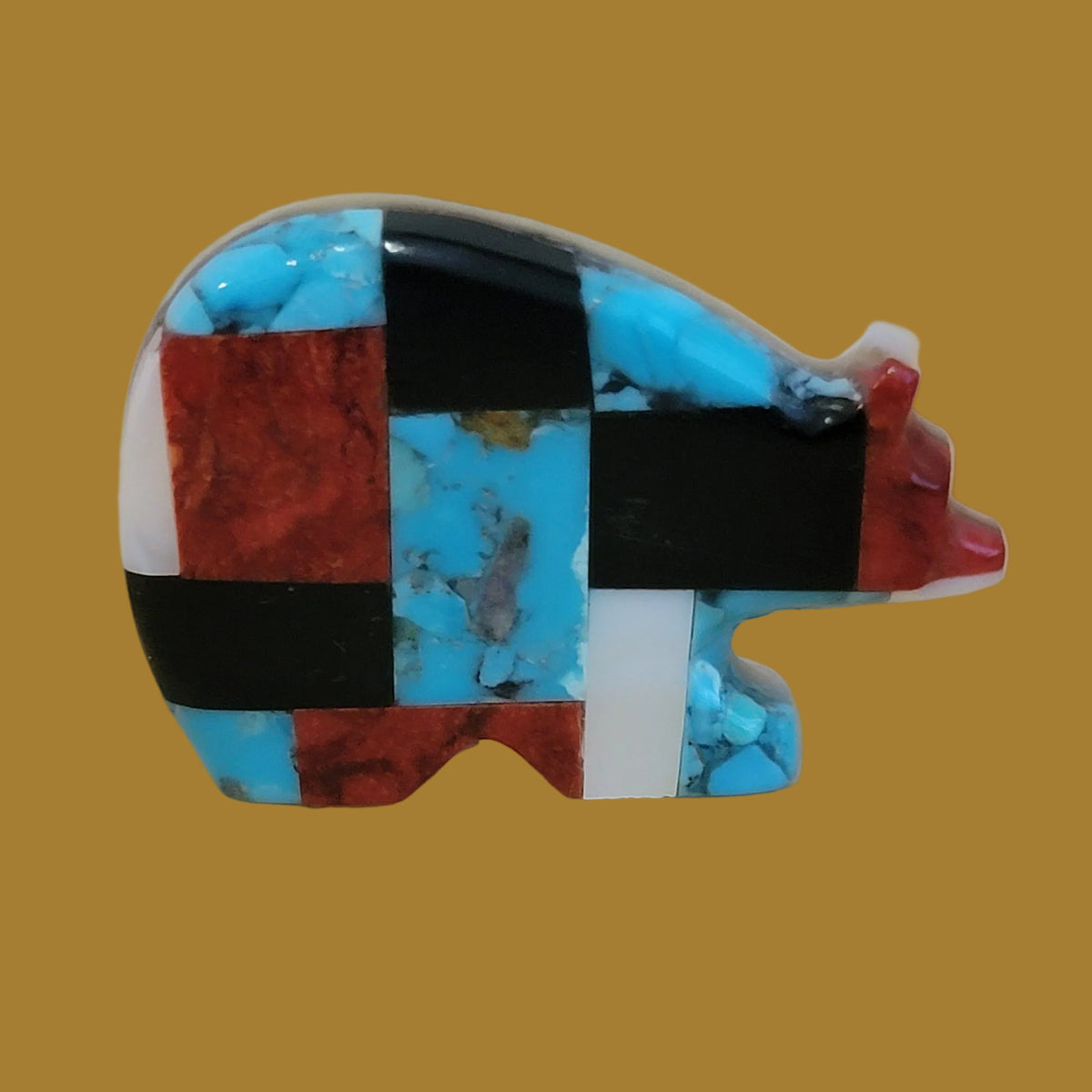 Mosaic Style Multi Stone and Shell Inlaid Zuni Fetish Bear