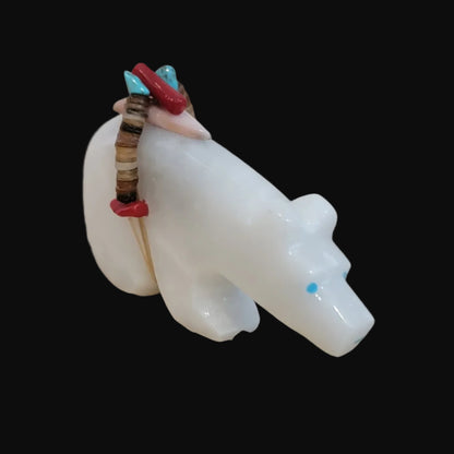 White Marble Bear w/ Heartline and Fancy Offering Zuni Fetish