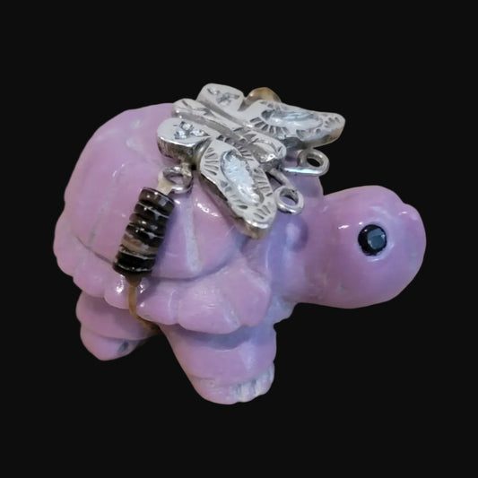 Lavendar Phosphosiderite Turtle w/ Sterling Silver Butterfly Zuni Fetish