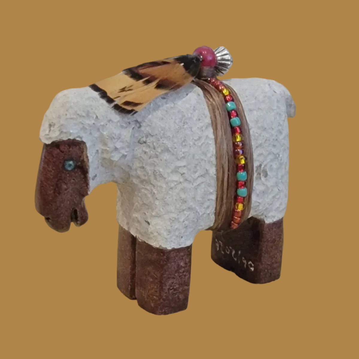 Navajo Two Toned Painted Sheep w/ Seed Bead Wrap Zuni Fetish