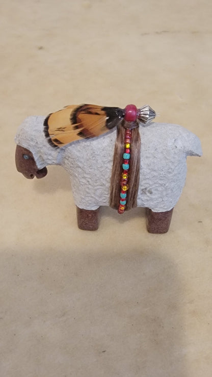 Navajo Two Toned Painted Sheep w/ Seed Bead Wrap Zuni Fetish