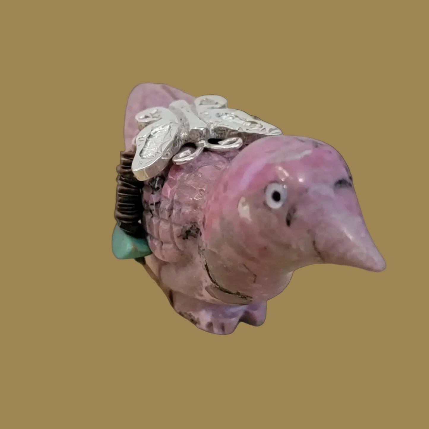 Beautiful Rhodonite Bird w/ Sterling Butterfly Zuni Fetish