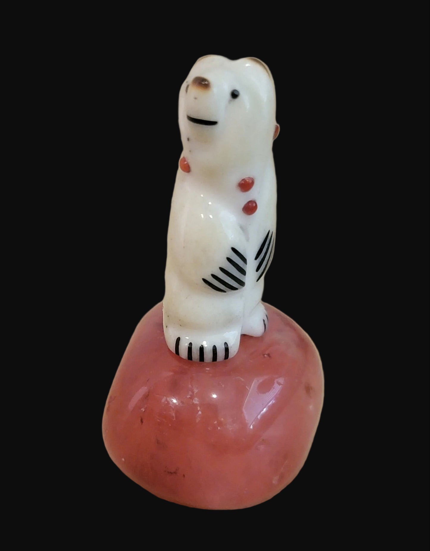 Miniature Adorned Antler Bear on Cherry Quartz Base Zuni Fetish