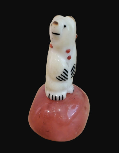 Miniature Adorned Antler Bear on Cherry Quartz Base Zuni Fetish