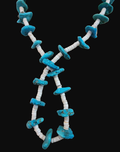 Single Strand Shell Heishe and Turquoise Nuggets Santo Domingo Necklace