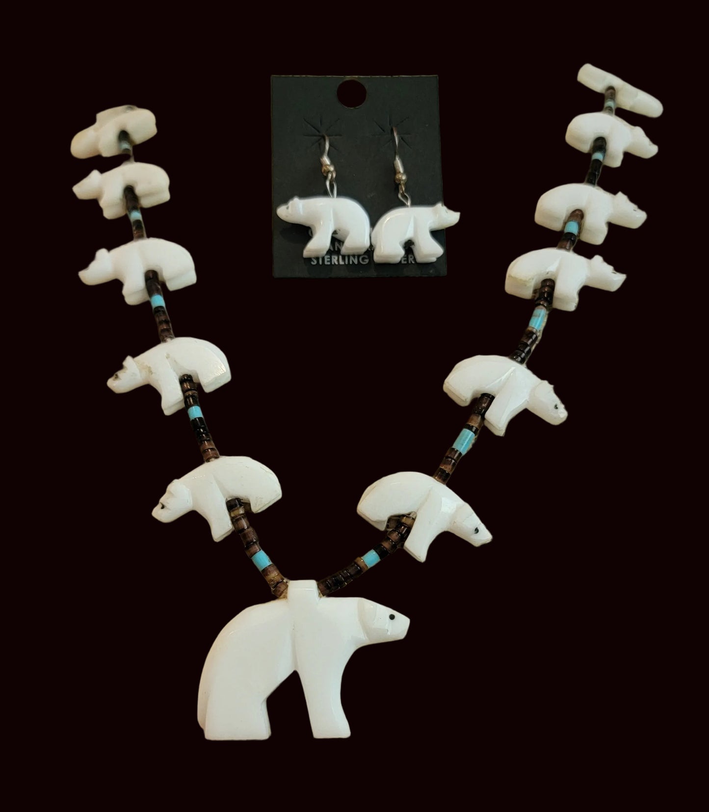 Old Pawn White Marble Bear Fetish Necklace and Earrings Set Indian Jewelry