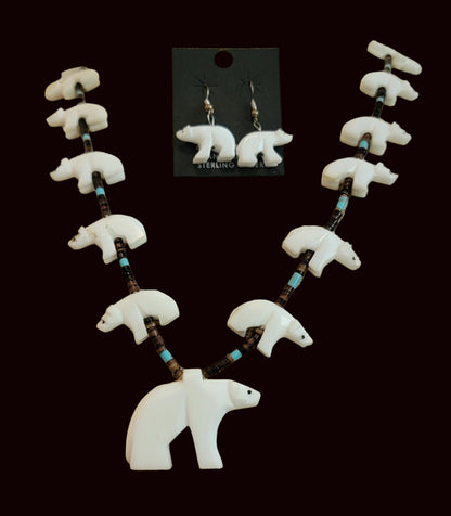 Old Pawn White Marble Bear Fetish Necklace and Earrings Set Indian Jewelry