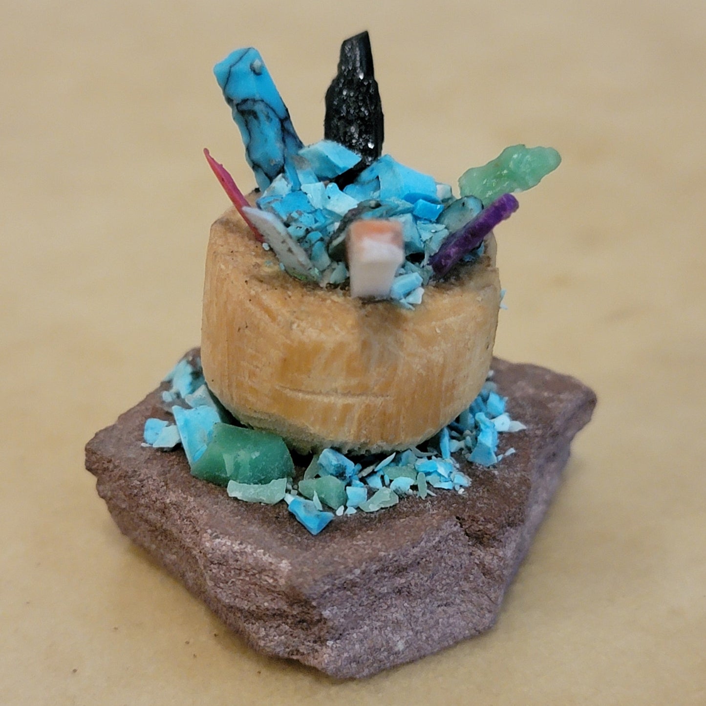 Multi Shell and Stone Zuni  Prayer Sticks in Cedar Bowl Zuni Fetish