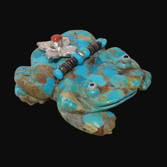 Turquoise Frog w/ Sterling and Coral Bling Zuni Fetish