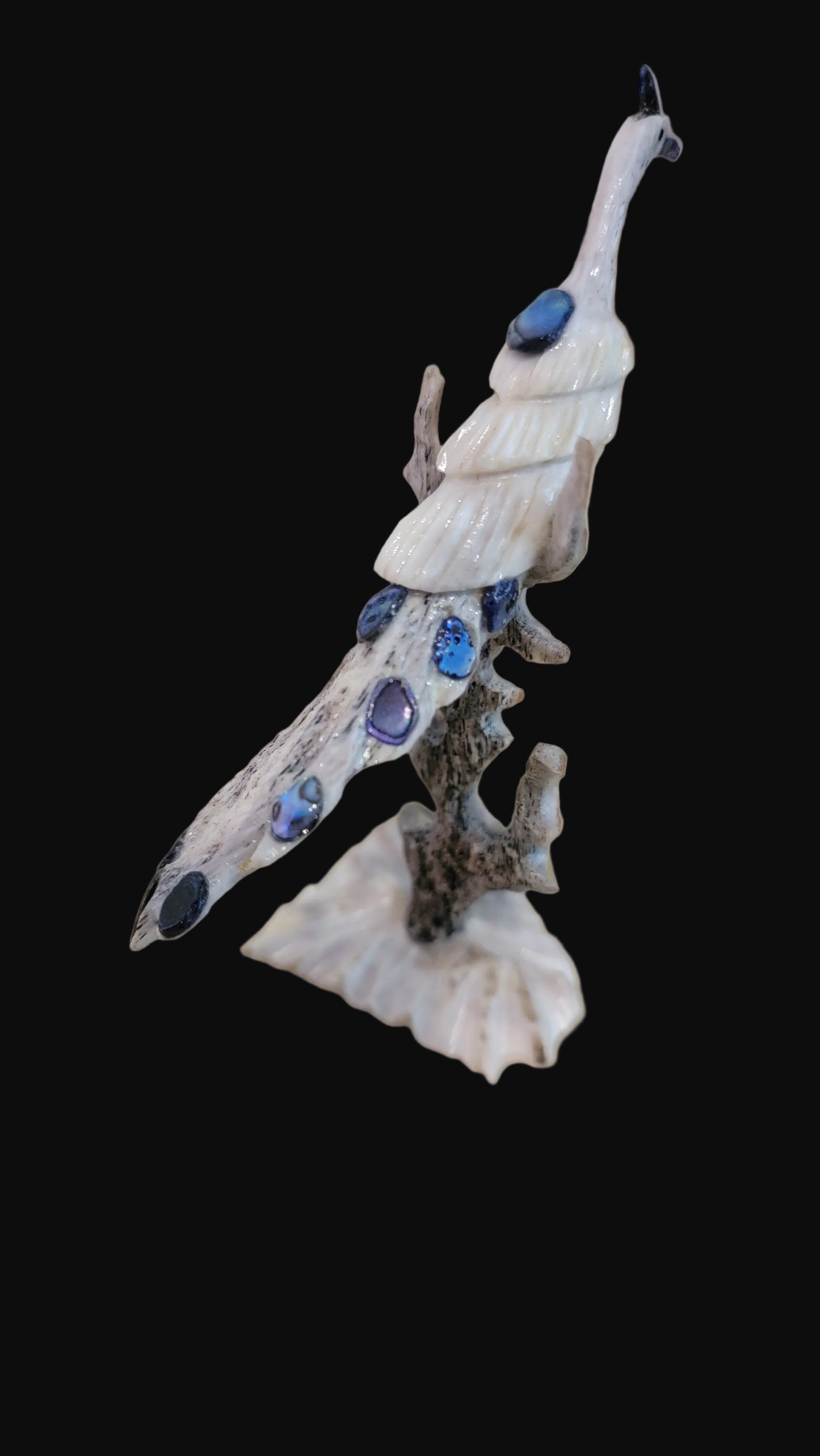 Antler w/ Abalone Shell Long Tailed Peacock  in  Tree Zuni Fetish