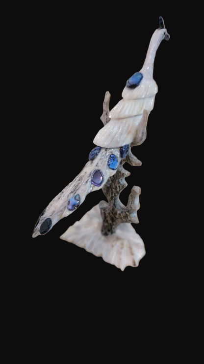 Antler w/ Abalone Shell Long Tailed Peacock  in  Tree Zuni Fetish