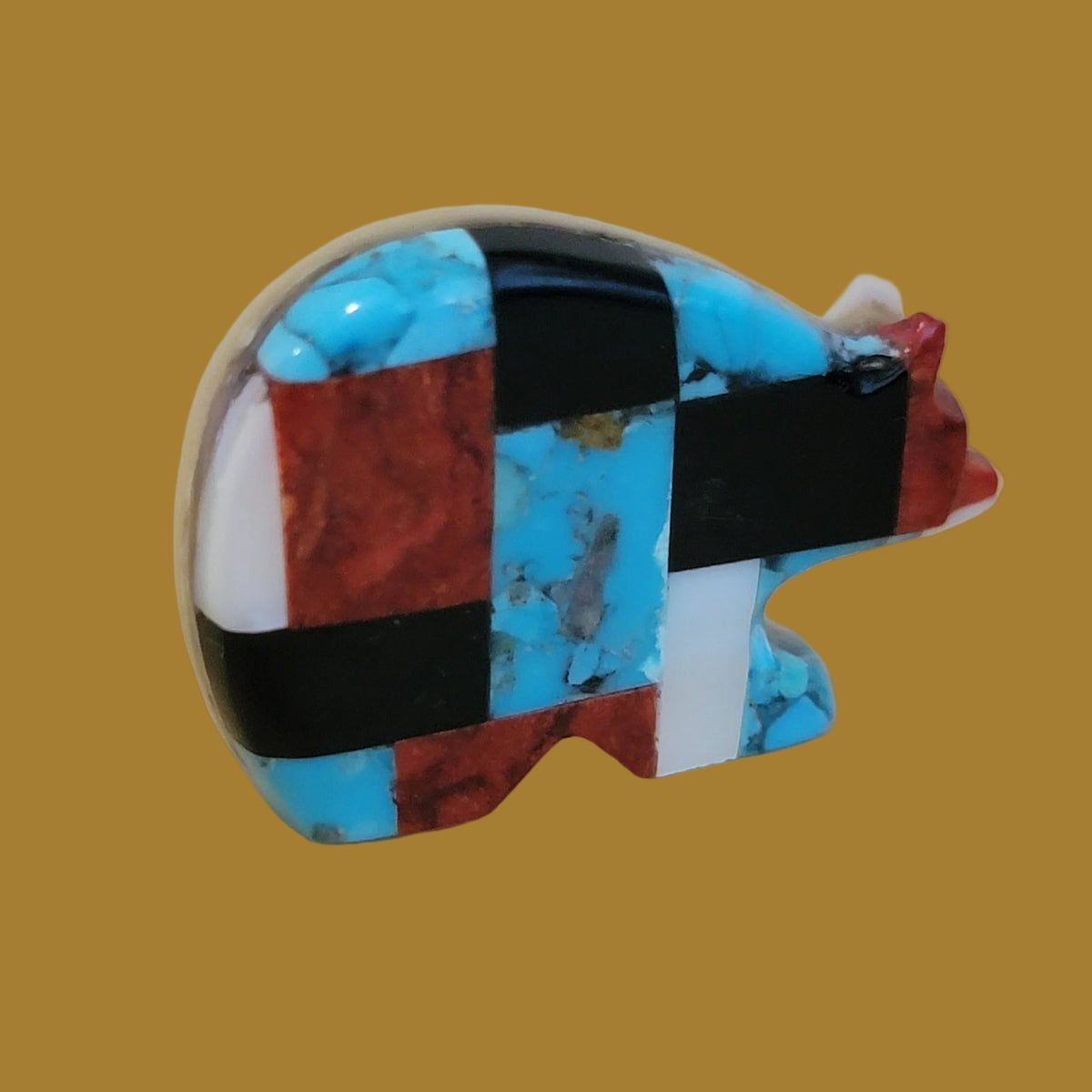 Mosaic Style Multi Stone and Shell Inlaid Zuni Fetish Bear