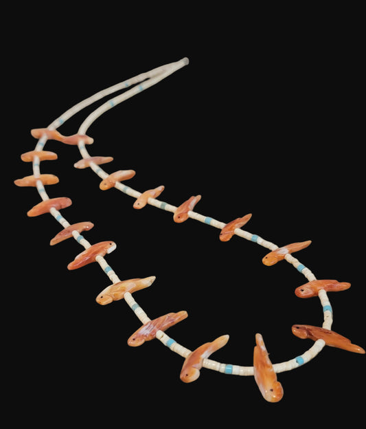 Spiny Oyster Shell Parrot and Shell Heishe Zuni Fetish Necklace Indian Jewelry