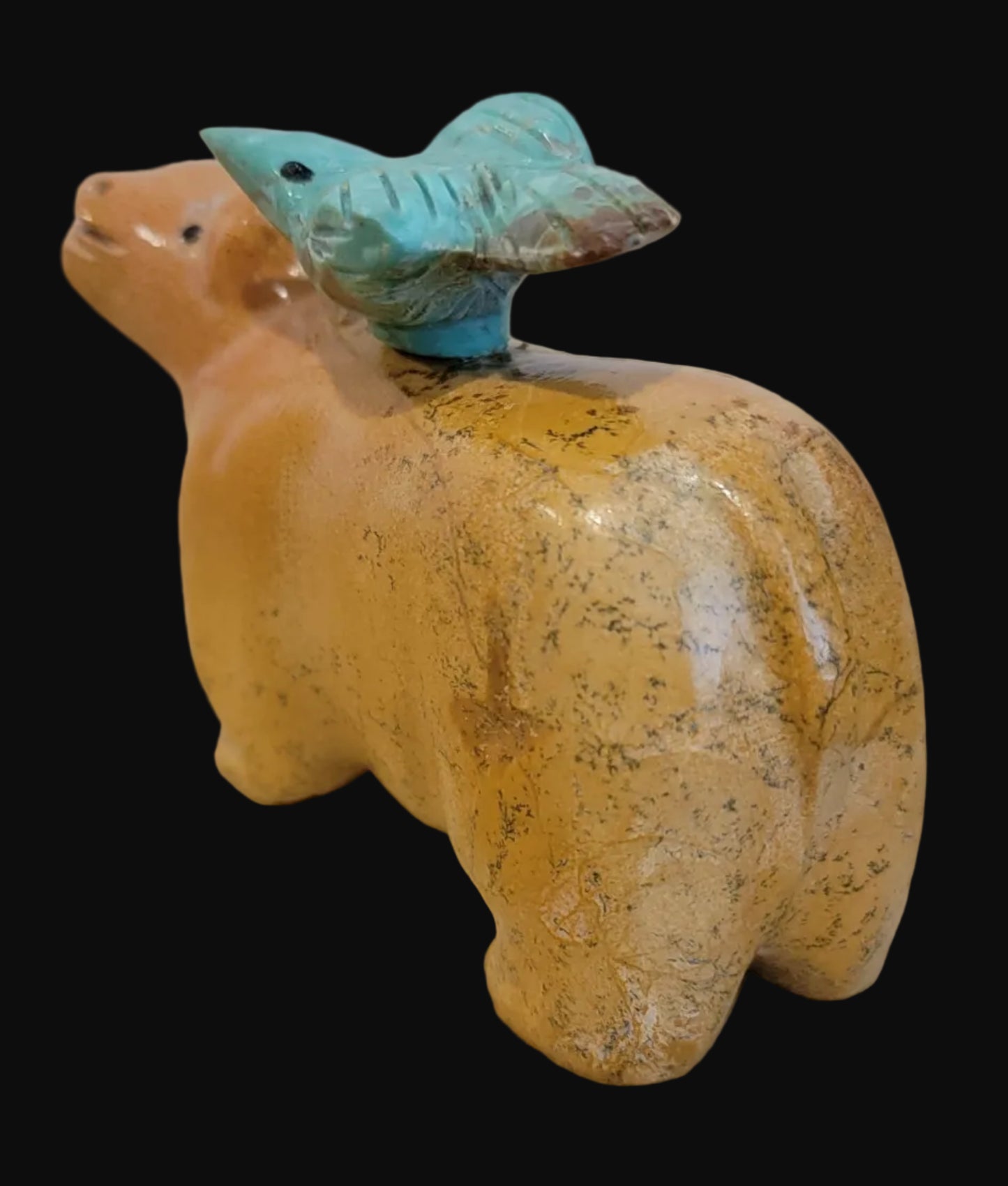 Travertine Bear w/ Hitchhiking Turquoise Bird Zuni Fetish