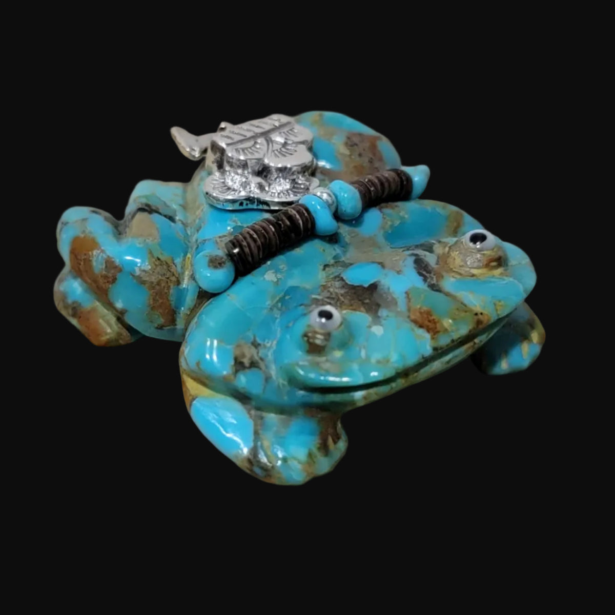 Beautiful Turquoise Frog w/ Sterling Silver Rainclouds and Lightning Offering Zuni Fetish