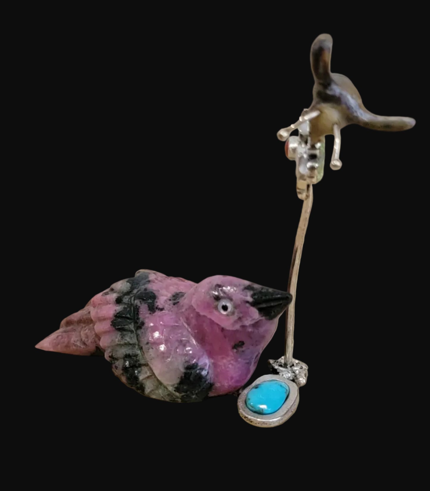 Beautiful Rhodonite Bird w/ Sterling and Turquoise Pond /Sterling w/ Coral Flower and Opal Honeycomb w/Bee Zuni Fetish
