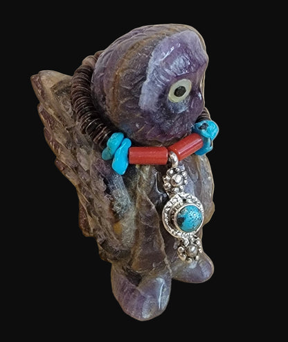 Fluorite Owl with Amazing Sterling Silver and Turquoise Bling Zuni Fetish