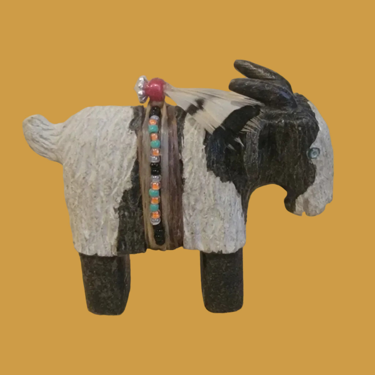 Painted Alabaster Navajo Billy Goat w/ Seed bead Wrap