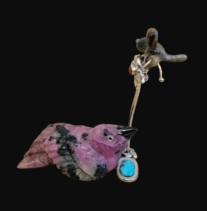 Beautiful Rhodonite Bird w/ Sterling and Turquoise Pond /Sterling w/ Coral Flower and Opal Honeycomb w/Bee Zuni Fetish