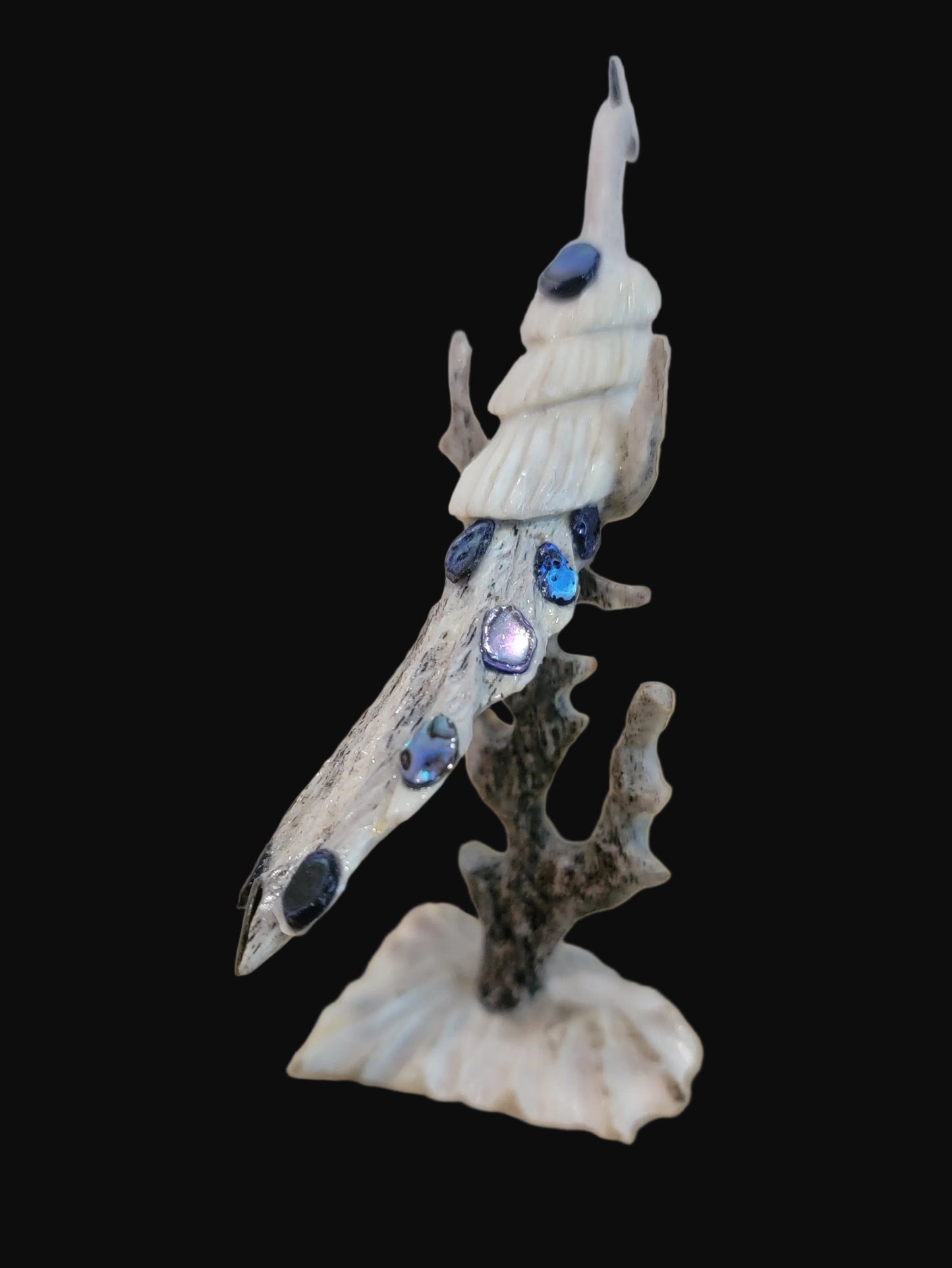 Antler w/ Abalone Shell Long Tailed Peacock  in  Tree Zuni Fetish