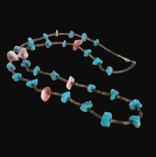 Old Pawn Heishe w/ Turquoise and Spiny Oyster Shell Single Strand Indian Jewelry Necklace