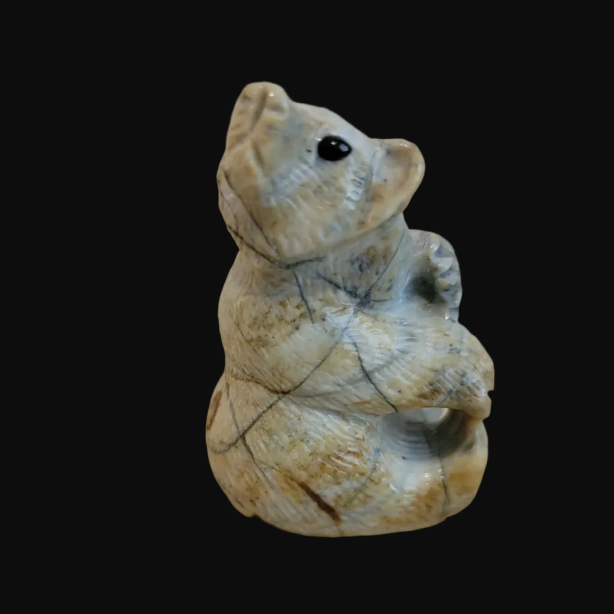 Adorable Picasso Marble Sitting Bear Cub Looking Backwards Zuni Fetish