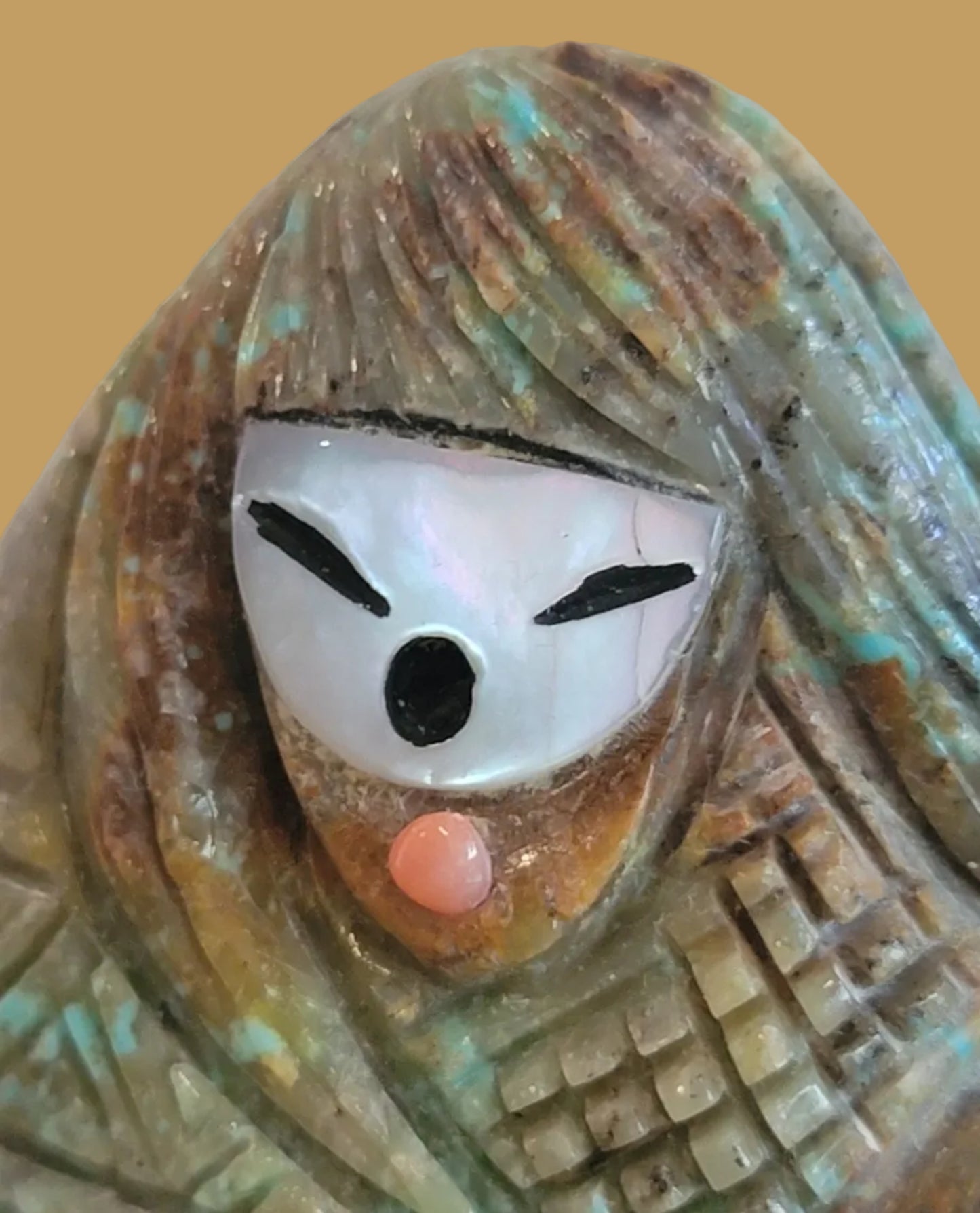 Beautiful Zuni Turquoise Olla Maiden w/Red Coral Zuni Fetish