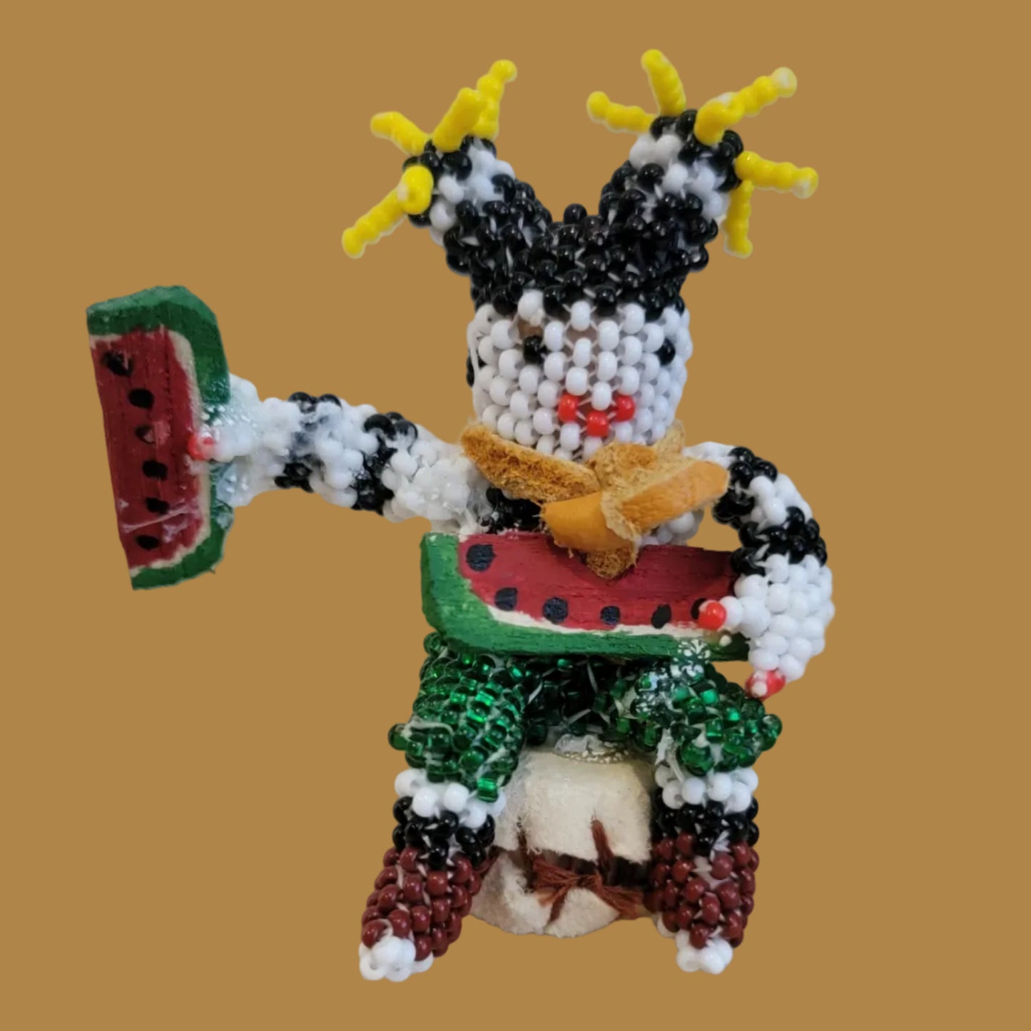 Beaded Zuni Hano Clown On Leather Drum Indian Beadwork