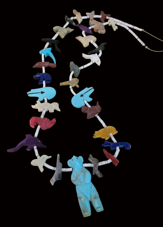 Old Pawn Zuni Fetish Necklace w/Large Standing Turquoise Center Bear Indian Jewelry