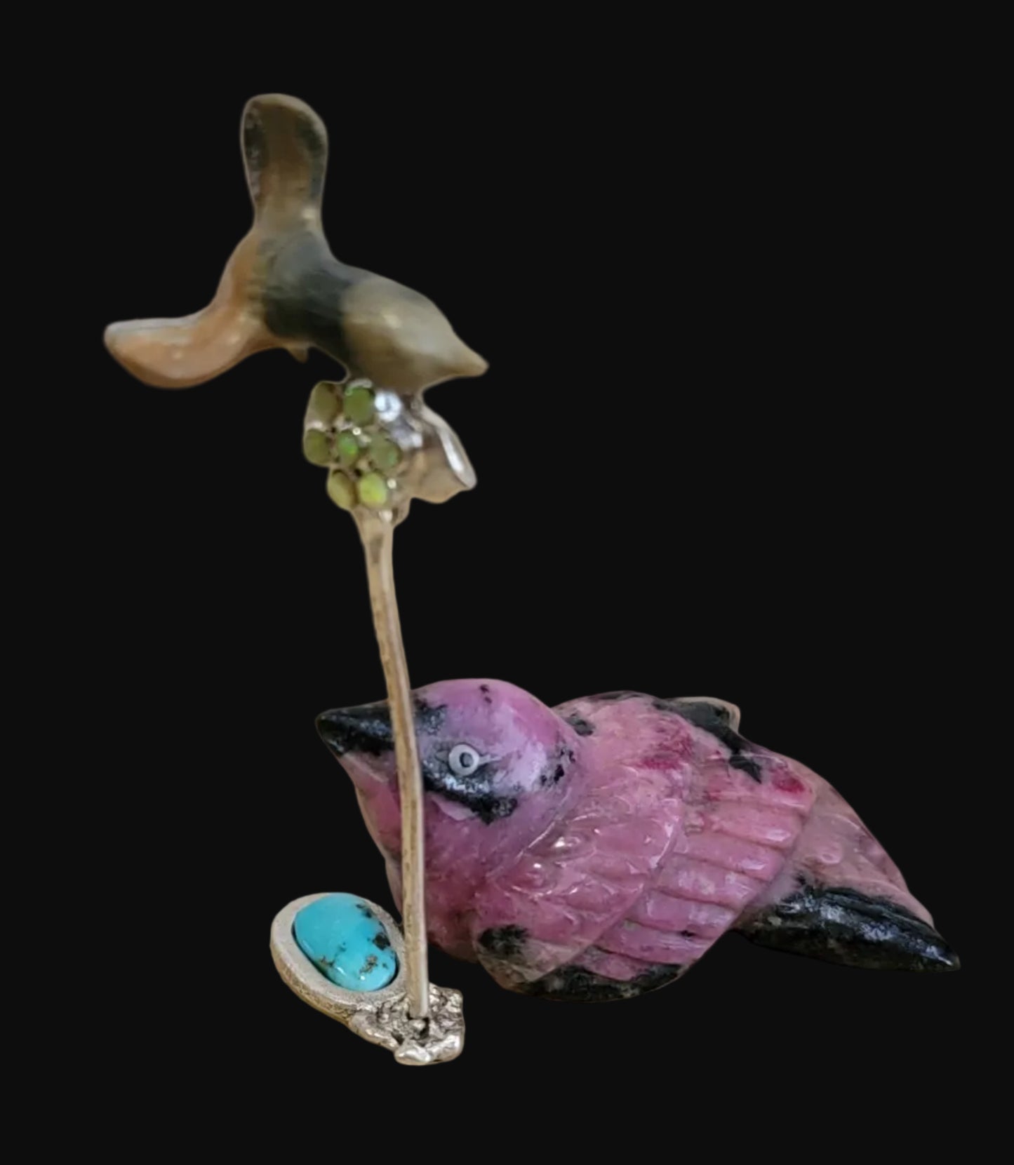 Beautiful Rhodonite Bird w/ Sterling and Turquoise Pond /Sterling w/ Coral Flower and Opal Honeycomb w/Bee Zuni Fetish