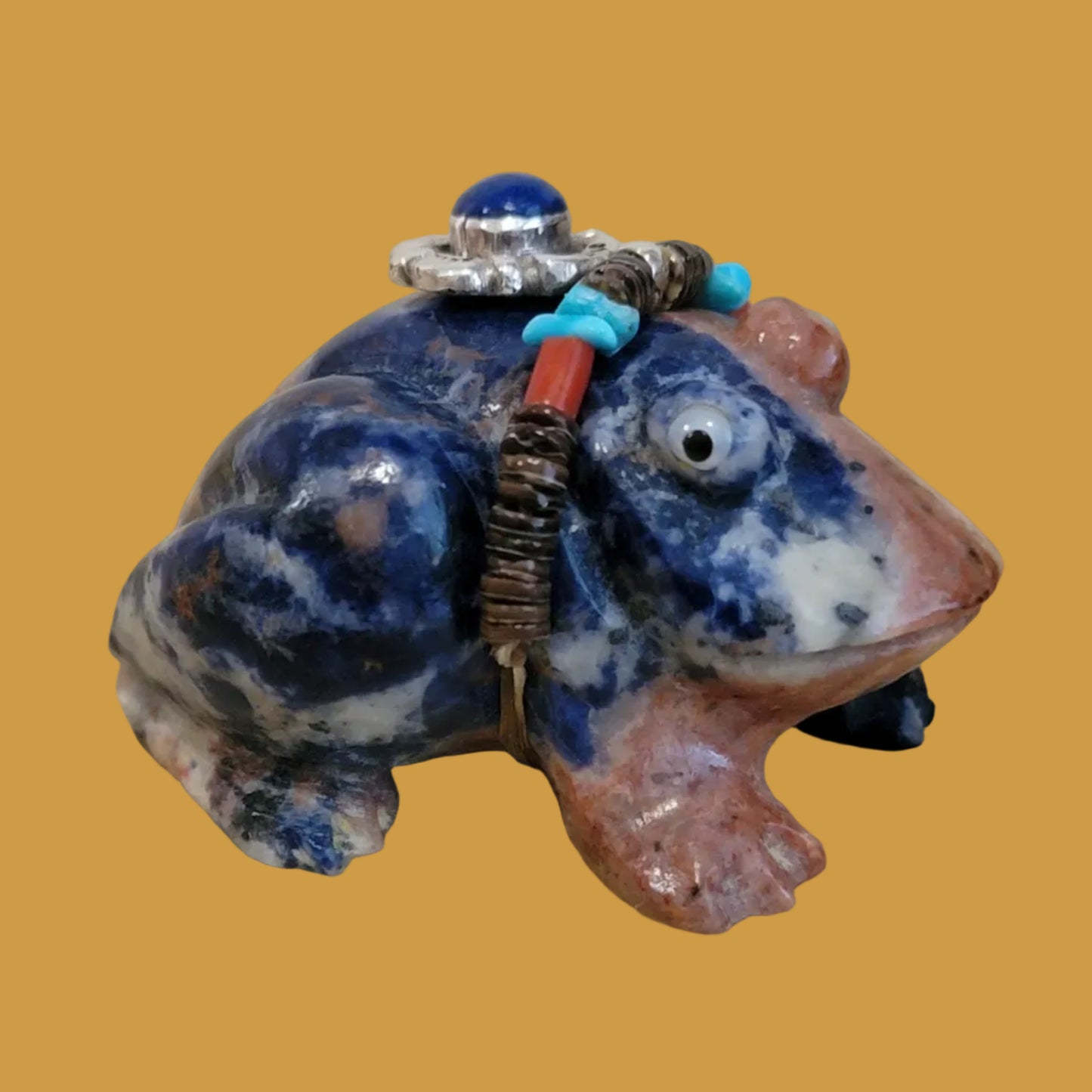 Sunset Sodalite Frog w/ Lapis and Sterling Necklace Bling Zuni Fetish