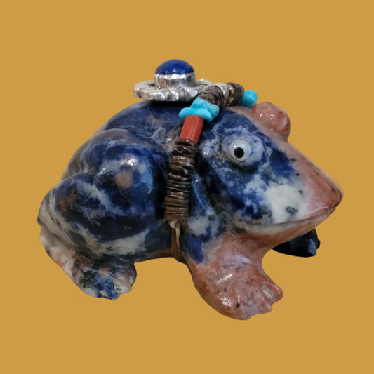 Sunset Sodalite Frog w/ Lapis and Sterling Necklace Bling Zuni Fetish